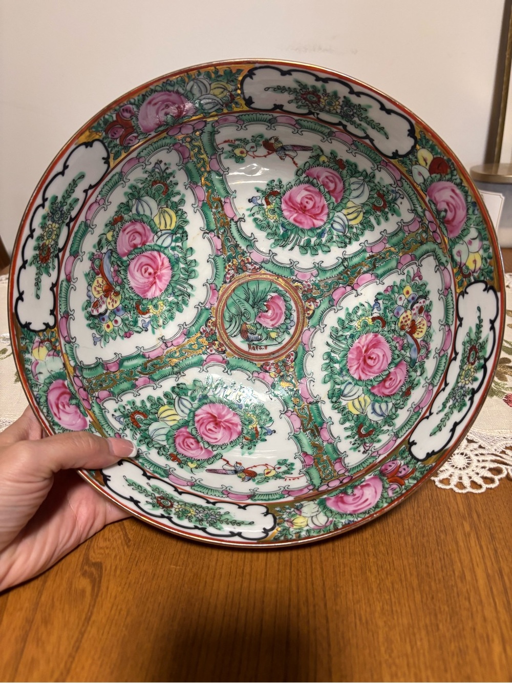 Vintage Chinese Rose Medallion Porcelain Bowl – 10” Hand-Painted Floral & Bird